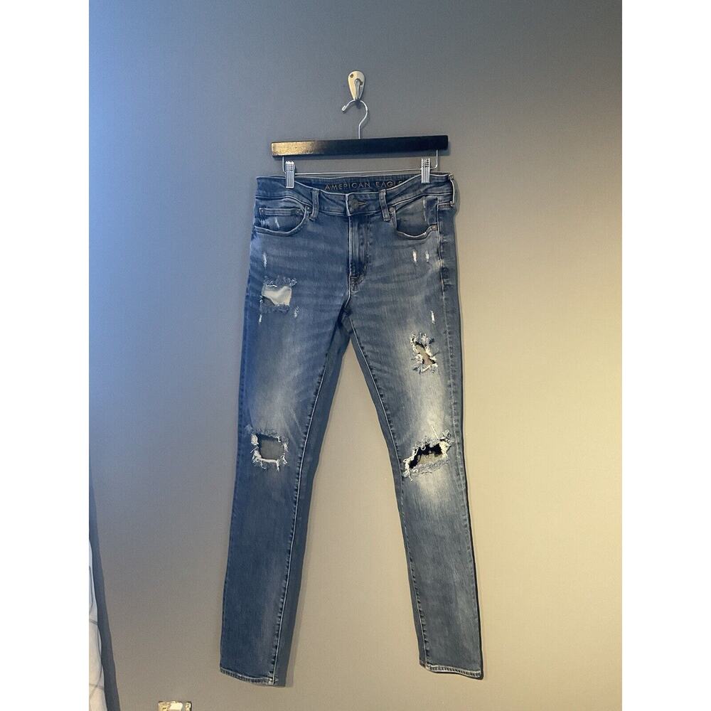 american eagle mens original straight jeans 32x36 Medium Washed Distressed